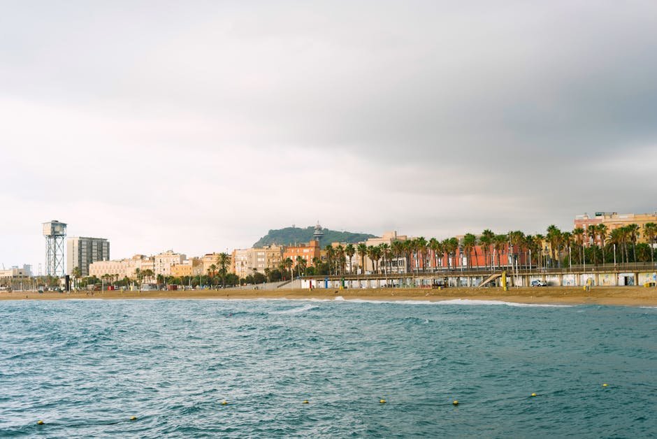 Barcelona Katalánsko | Umění, pláže, gastronomie a Gaudí 4 View of Barceloneta Beach in Barcelona with cityscape and palm trees under a cloudy sky.