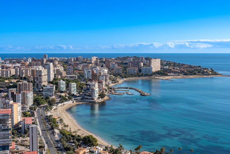 Stunning aerial view of Alicante's coastline and urban area under a clear blue sky.
