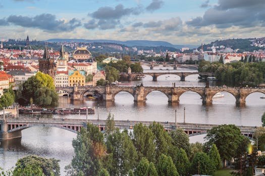 Explore the breathtaking urban landscape of Prague featuring the iconic Charles Bridge over the Vltava River.