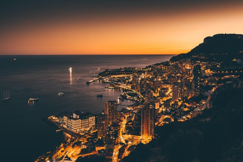 architecture, big city, black, boats, city lights, dawn, evening, harbor, lights, marina, monaco, monte carlo, night, port, prince's palace of monaco, scenery, sea, sunset, top marques monaco, tourists, vacation, very high resolution, nature, backgrounds