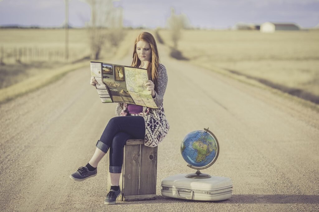 globe trotter, traveller, globe, map, journey, planning, world map, waiting, female, woman, world, road, dirt road, travel, traveling, outdoors, young woman