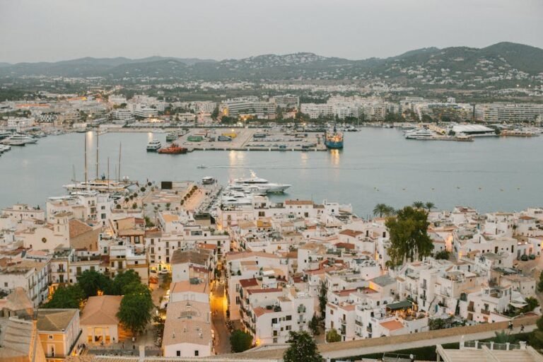 Aerial view of the vibrant Ibiza port with yachts and panoramic cityscape.
