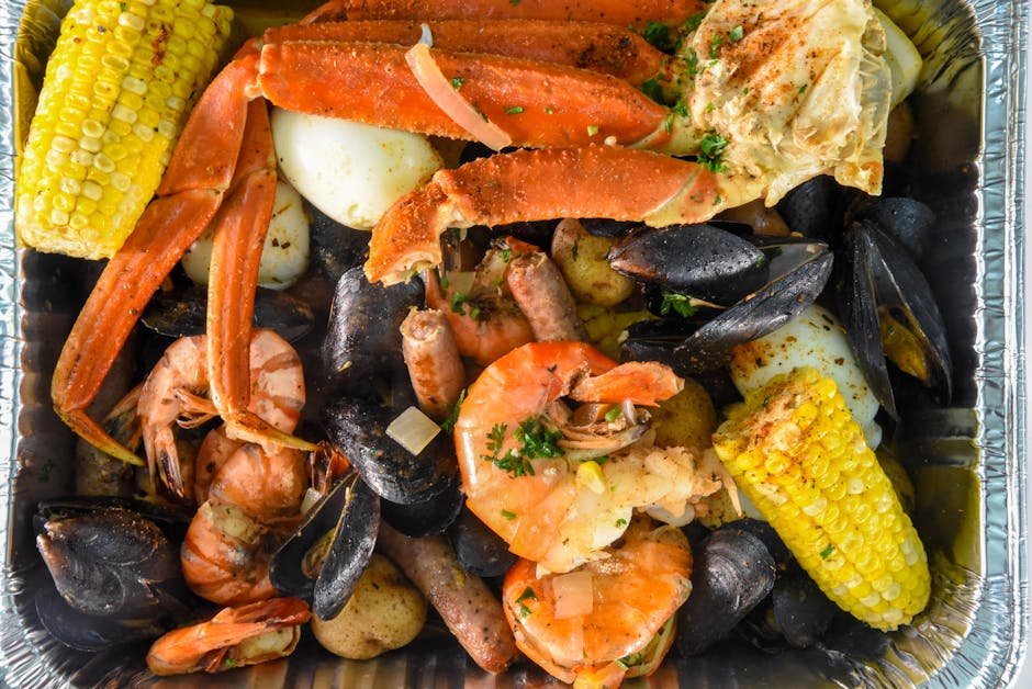 A delectable seafood boil featuring crab, shrimp, and corn, perfect for a gourmet meal.