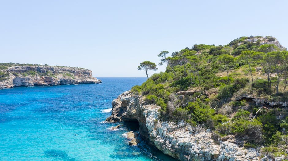 Breathtaking view of Mallorca's rocky cliffs and clear blue sea on a sunny day.