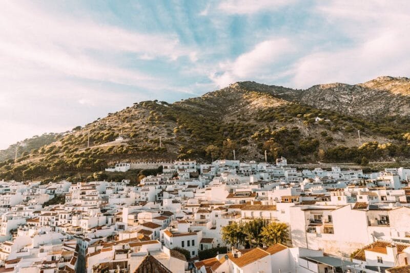 Stunning aerial view of Mijas, a picturesque whitewashed town nestled in the hills of southern Spain.