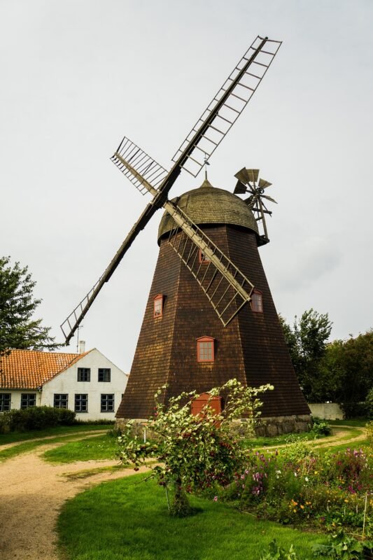 windmill, nature, wood mill, brown, vacations, path, plants, green, idyllic, bornholm, baltic sea