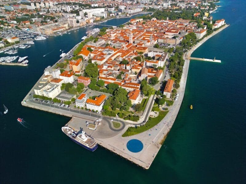 Stunning aerial view of Zadar's historic peninsula in Croatia, showcasing its unique architecture and coastal beauty.